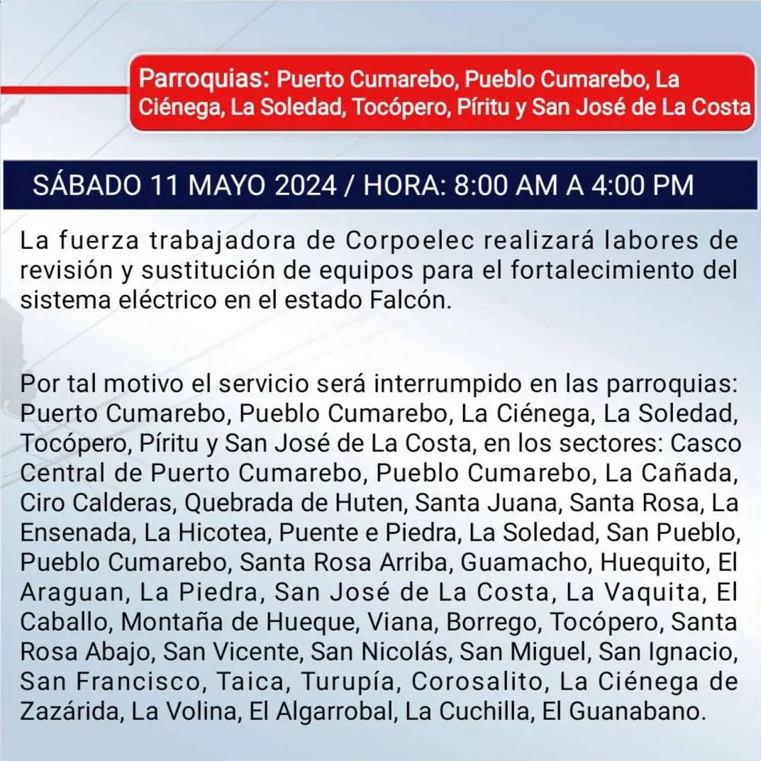 ¡Corte Programado! Conoce los sectores de los municipios Zamora, Tocópero y Píritu que tendrán corte programado por labores de mantenimiento correctivo.