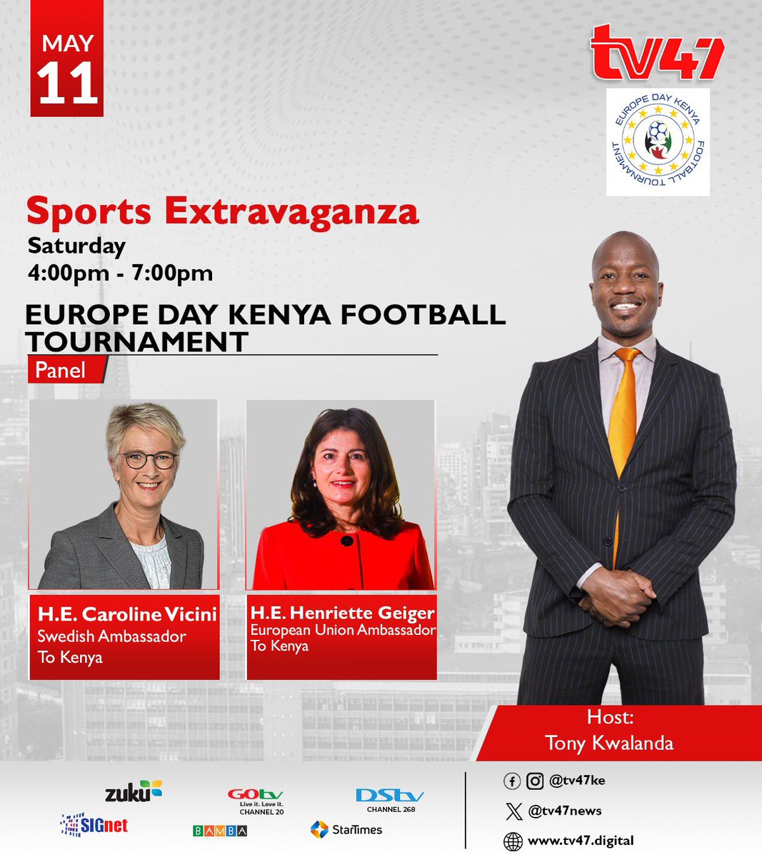 From 4pm @KWALANDA is coming in hot 🔥 🔥🔥🔥 with 4 amazing guests ⚽️ @EUAmbKenya @SwedeninKE @Topref1 @oscarigaida @tv47news #SportsXtravaganza #EuDayKe