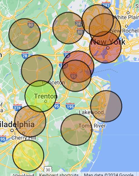 #NewJersey map of @RobertKennedyJr & @NicoleShanahan ballot access petition events, just this weekend 💪 

Each circle is a 10 mile radius. This is the last weekend to sign the petition #NJ voters, because we already have more than enough sigs 😎
#KennedyShanahan24 #RFKJr2024