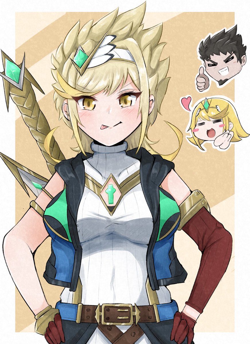 mythra (xenoblade) ,rex (xenoblade) long hair breasts looking at viewer smile short hair blonde hair multiple girls  illustration images