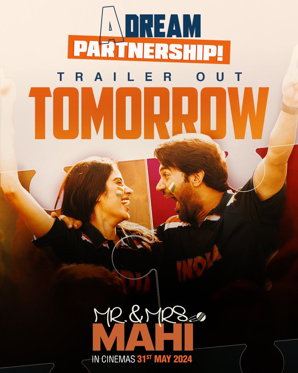 An imperfectly perfect innings of love and dreams!💖 A partnership ready to score big — #MrAndMrsMahi full trailer releasing TOMORROW at 3:40PM on YouTube! In cinemas 31st May. #KaranJohar @apoorvamehta18 @RajkummarRao #JanhviKapoor #SharanSharma #NikhilMehrotra @somenmishra0…