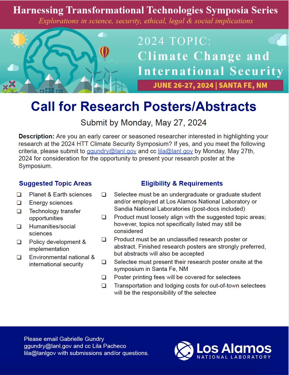 #NMSUResearch - Consider submitting a poster abstracts for the upcoming Climate/National Security workshop June 26-27 in Santa Fe. Submit abstract to ggundry@lanl.gov and cc: lila@lanl.gov by Monday, May 27. @NMSUResearch @CoresNmsu