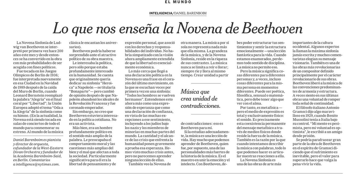 Lean a @DBarenboim sobre la novena sinfonía de Beethoven: