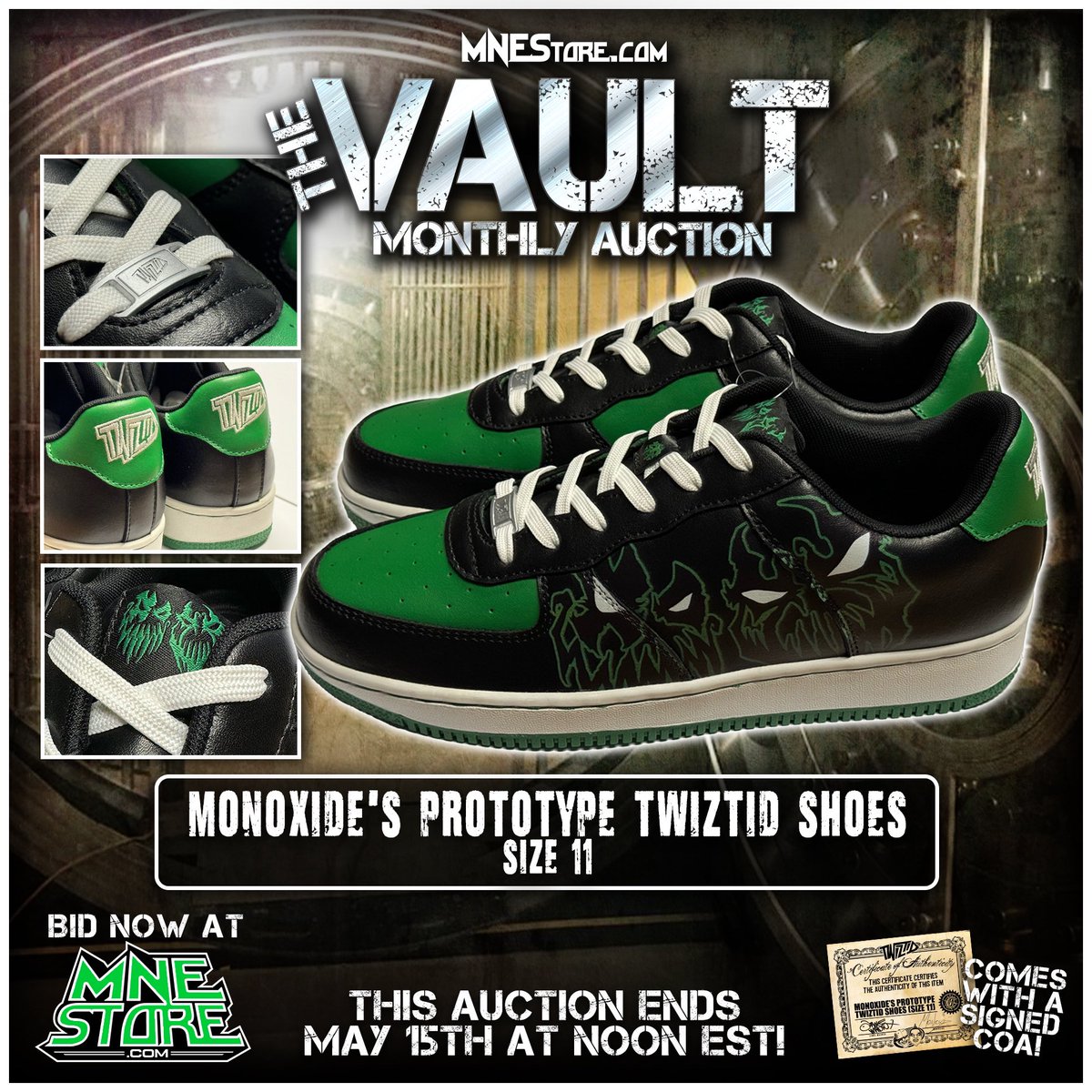 The Vault is open 🔓 Head to @twiztidshop ➡️ mnestore.com to place your bid on Monoxide’s prototype @tweetmesohard shoes‼️ Hurry bidding closes May 15th at noon 👊