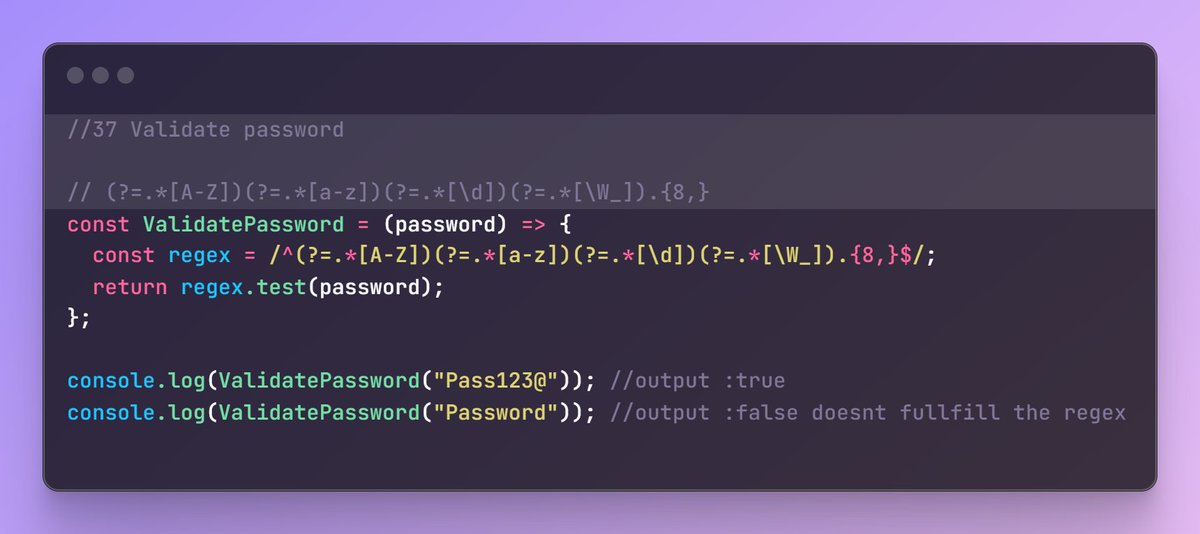 vishalj2012's tweet image. Completing Day 37 of #100DaysOfCode
1.The ValidatePassword function uses a regular expression (regex) to enforce the password criteria.
2.The regular expression ^(?=.*[A-Z])(?=.*[a-z])(?=.*[\d])(?=.*[\W_]).{8,}$