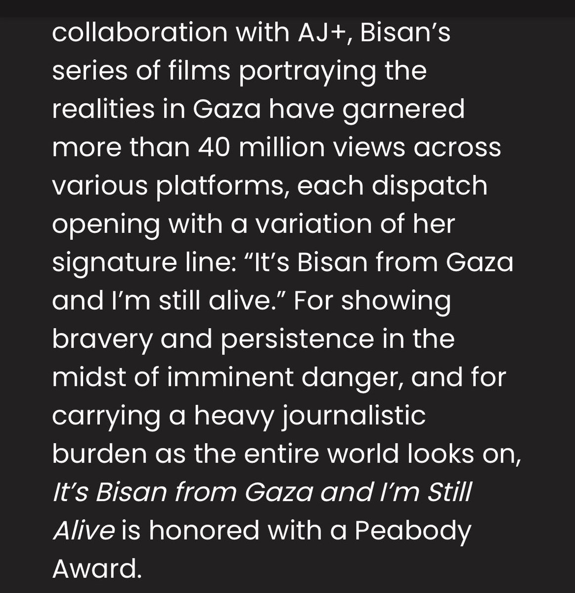 And the winner is @wizardbisan!! 2023 @PeabodyAwards announced Gaz.a based 20-something documentarian Bisan -- whom so many of us rely on for the truth -- has won! Don't underestimate her role in Palestini@n liberation! Follow her on IG. She's still alive. 🍉