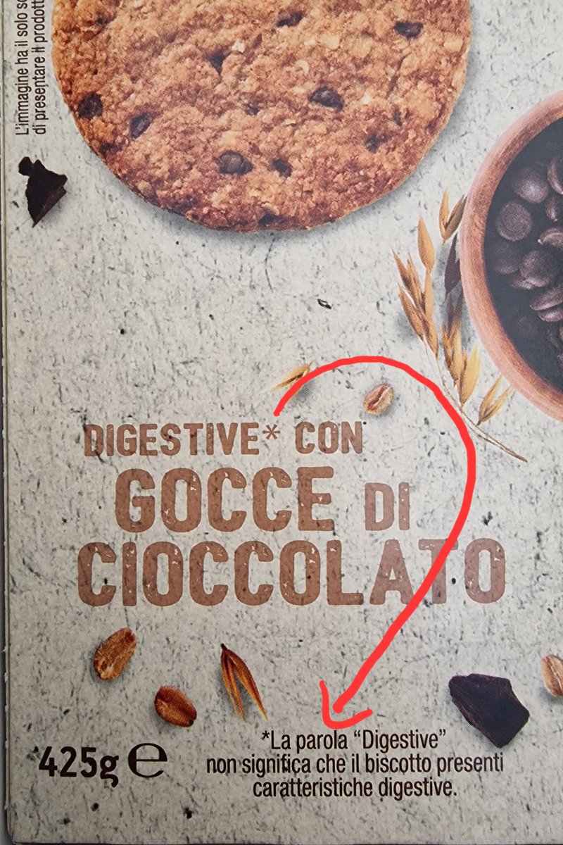 🤔
For my English speaking friends, the box says:
Digestive* with chocolate chips.

*The word "Digestive" does not mean that the biscuit has digestive characteristics.