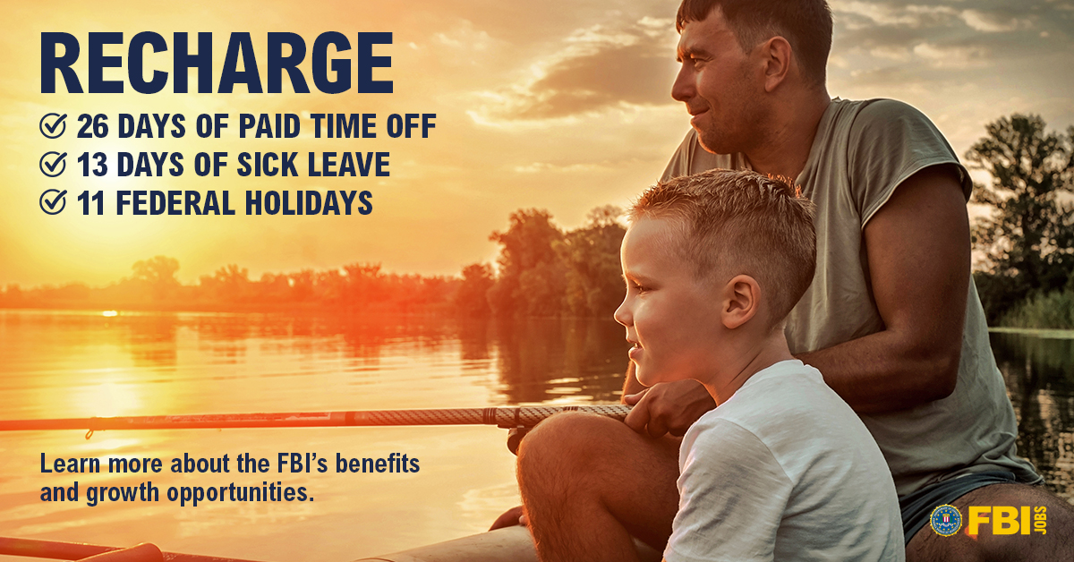 As we continue recognizing #MentalHealthAwareness month, the #FBI reaffirms our commitment to giving our employees the time they need to improve their mental health, such as up to 26 days of paid time off. #WorkLifeBalance #Career ow.ly/RjBp50OsOLO