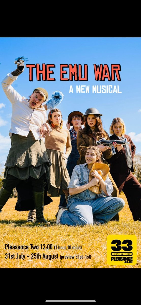 Call-out for reviewers based in London! 22nd June @NewWimbTheatre and early July (tbc) @7DialsPlayhouse please get in touch. We’d love to send you our PR for this wacky, queer, heartfelt new musical about love, death, and emus supported by @ThePleasance 💛