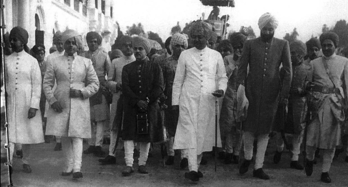 Indian Royals who formed the baraat for the wedding of Maharawal of Jaisalmer, Raghunath Singh, with Mukut Rajya Lakshmi, daughter of Gen. Sharada Shumsher Jung Bahadur Rana, in April 1950 at Singha Durbar in Kathmandu, Nepal.