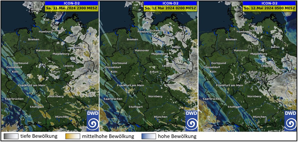 Auch in der kommenden Nacht möglicherweise wieder #Polarlichter über Deutschland. Bezüglich der Bewölkung sind die Voraussetzungen gut. Vielerorts ist es sternenklar, nur im Osten könnenzeitweise tiefe Wolken die Sicht auf den Sternenhimmel versperren. /V