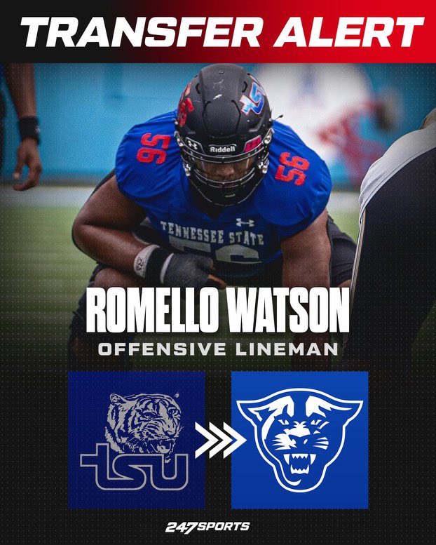 Former Tennessee State offensive lineman Romello Watson is expected to transfer to Georgia State, a source tells @247Sports. The 6-foot-4, 300-pound Watson was a starting guard for Tennessee State last season. 247sports.com/player/romello…