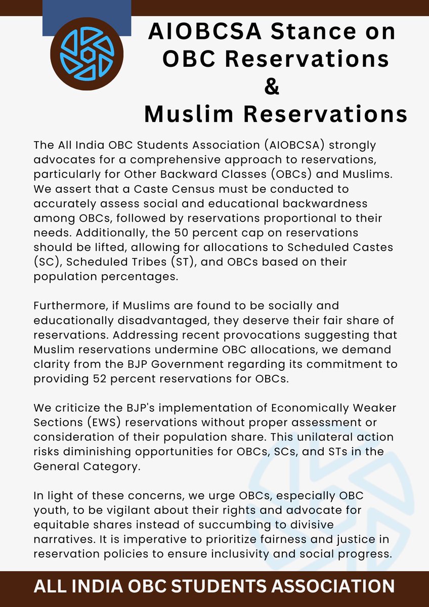 Our stand on OBC and Muslim Reservations. We demand fair, justifiable and equitable share of 52% reservations for OBCs. We request OBC youth to be more conscious and do not listen to divisive politics of hatred. @RahulGandhi @mkstalin @yadavakhilesh @yadavtejashwi @aifsoj