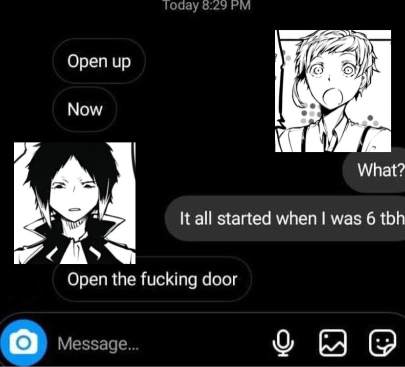 Akutagawa visiting atsushi but the latter loves teasing him. Canon conversation of them fr