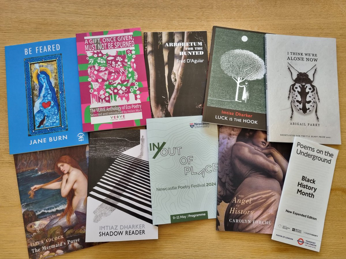 Exhilarating to hear @HarryManTweets, @JaneBurn14, Linda France, @Idharker & Carol Ann Duffy read at the @NCLA_tweets Newcastle Poetry Festival yesterday at @northernstage. Have emerged with quite a haul from the @PoetryBookSoc bookstall!