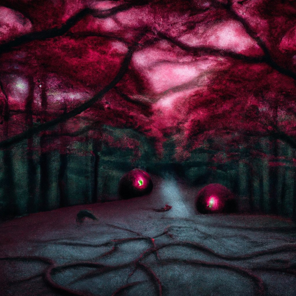 'A dimly lit pathway in a gnarled forest under an ominously dark stormy sky. A pair of vibrant, glowing red eyes peer from the shadowy undergrowth, emitting an eerie aura of fear.'
#AIArt #AI #chatgpt4 #dalle2 #OpenAi #AIFeelings