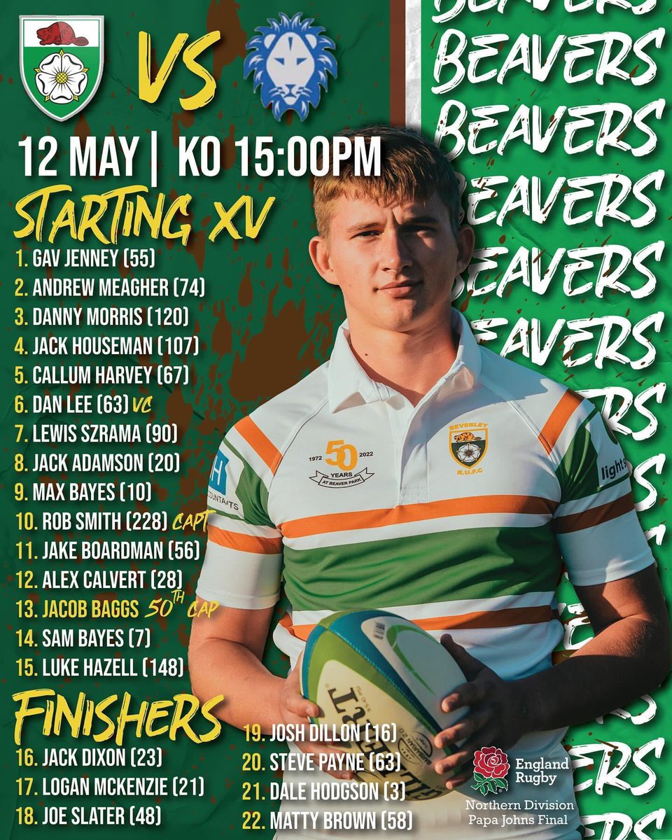 Here’s how we line up in tomorrows final of the Papa Johns Men’s Counties 1 North Shield 🏆

🏟️ Darlington Arena
🏉 3:00pm kick-off

💚🦫