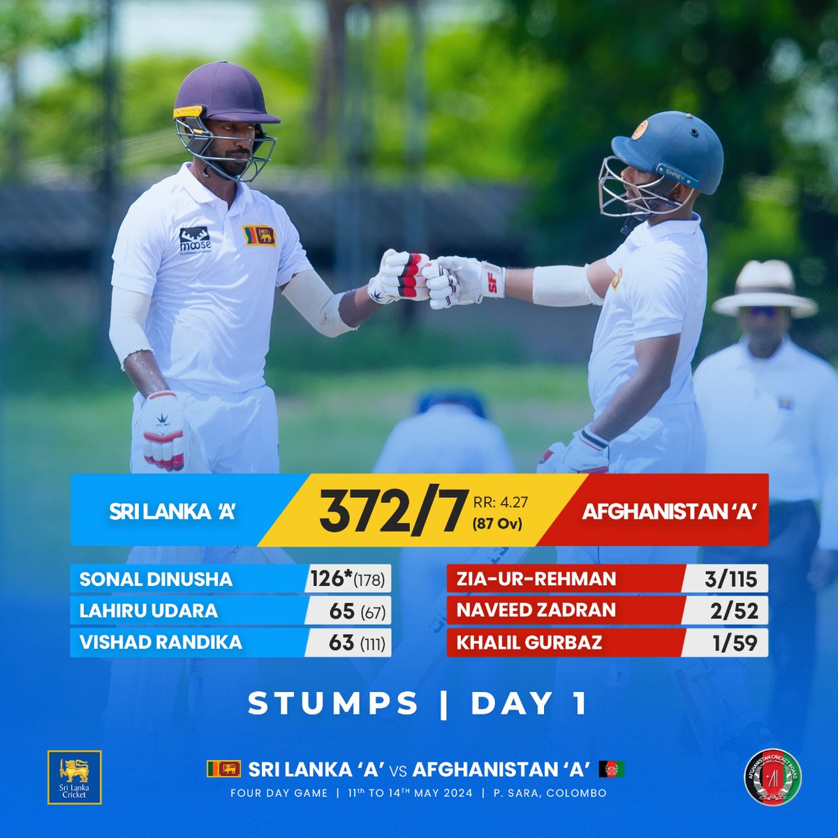 At Stumps on Day One, Sri Lanka 'A' on 372/7. Sonal Dinusha at the crease on 126 unbeaten. #SLATeam #SLvAFG