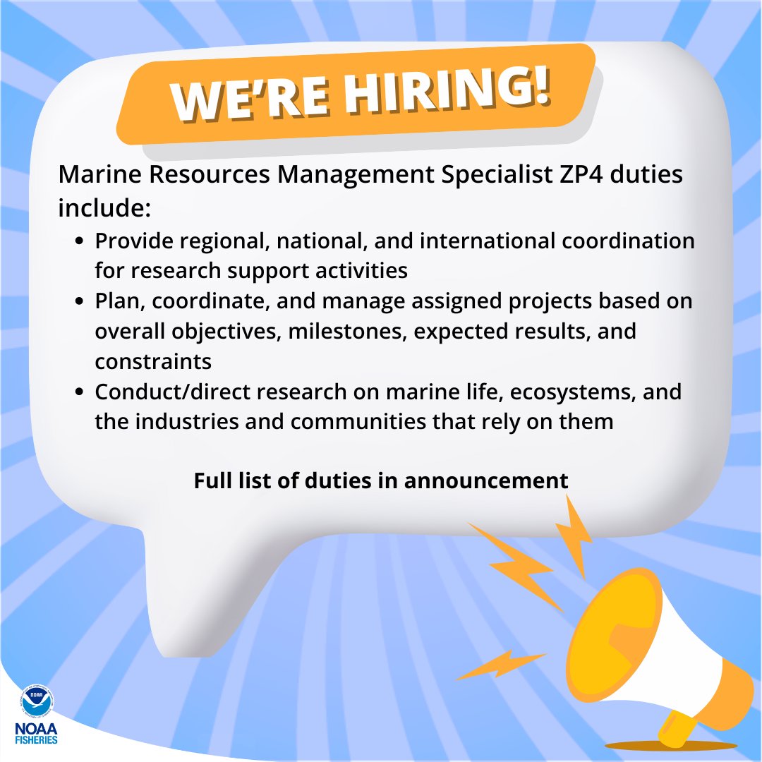 Hurry—apps due 5/14! We’re #hiring Marine Resources Management Specialist ZP4 to be Deputy Director of our Resource Evaluation and Assessment Division in #WoodsHole #MA. Direct hire! Public/Career trans: bit.ly/3wgngDc. Div info: bit.ly/3UJ28xJ. #Jobs