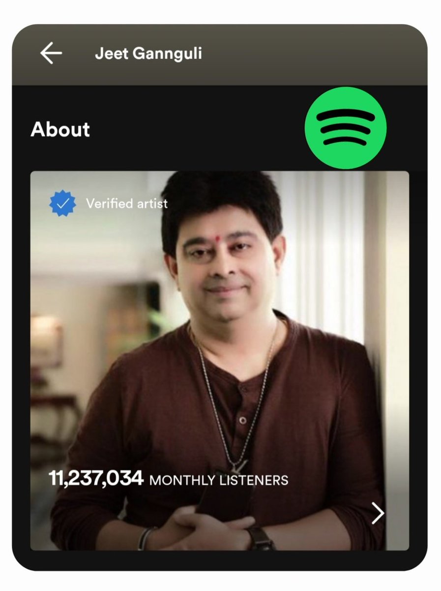 11 Million+ Monthly Listeners on Spotify! ✨🎼 Dada, Your Music Connects the Soul. More power to you. 🤍🎸 open.spotify.com/artist/2kkQthS… #MelodyKing #HitGannguli @jeetmusic @chandrani999 @spotifyindia @Spotify #Spotify