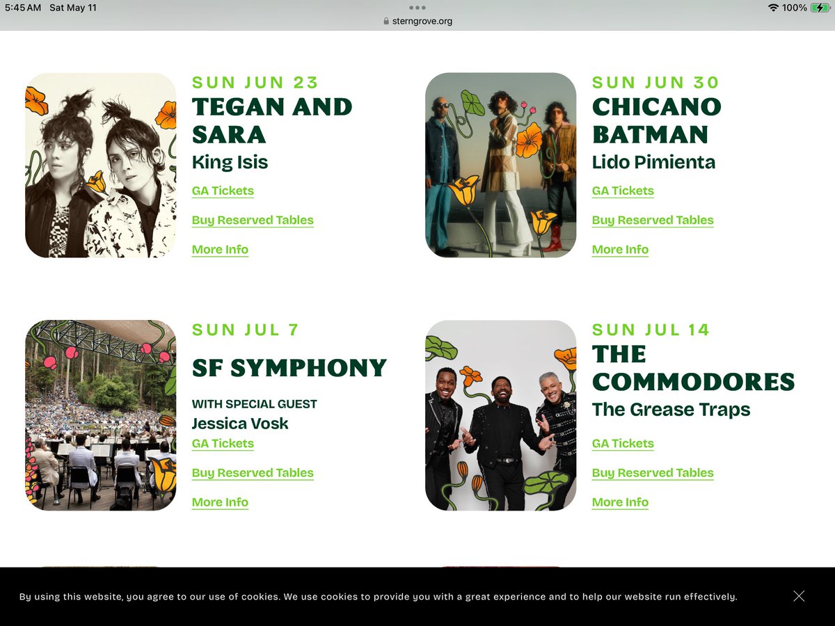 STERN GROVE FESTIVAL - June 23 - August 25 Free Concert at 2pm #SternGrove SUN JUN 23 TEGAN AND SARA / King Isis SUN JUN 30 CHICANO BATMAN / Lido Pimienta SUN JUL 7 SF SYMPHONYm SUN JUL 14 THE COMMODORES / The Grease Traps SUN JUL 21 MASEGO / Satya SUN JUL 28 FRANC MOODY / DRAMA…