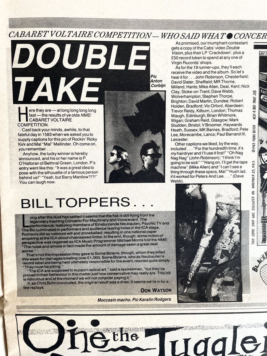 A Cabaret Voltaire competition. Plus Einsturzende Neubauten, Psychic TV, The Bic. New Musical Express, 21 January 1984.