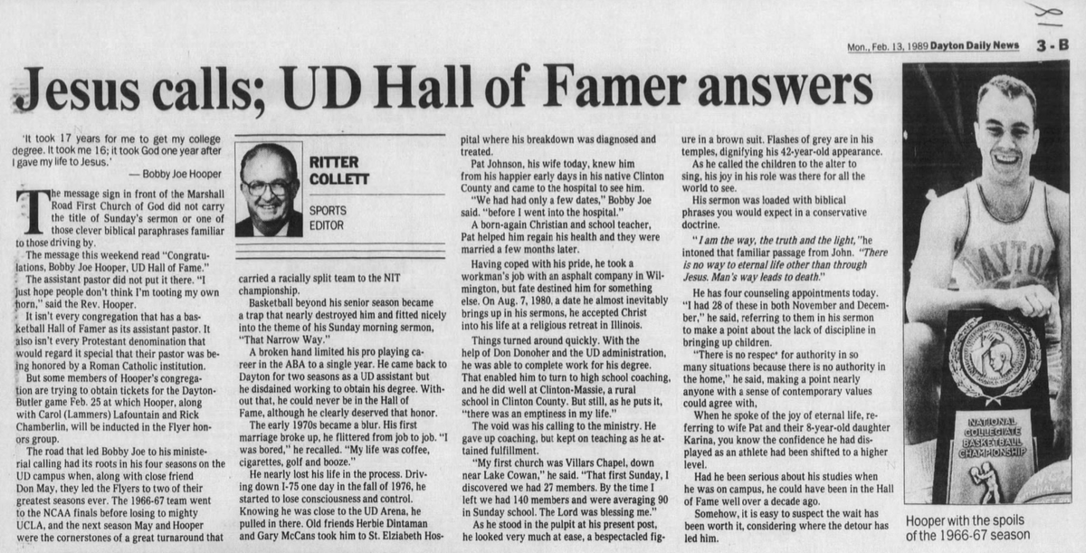 A 1989 Ritter Collett story on Bobby Joe Hooper, who died on Thursday at 77. Hooper was the second-leading scorer on Dayton's NCAA runner-up team in 1967.