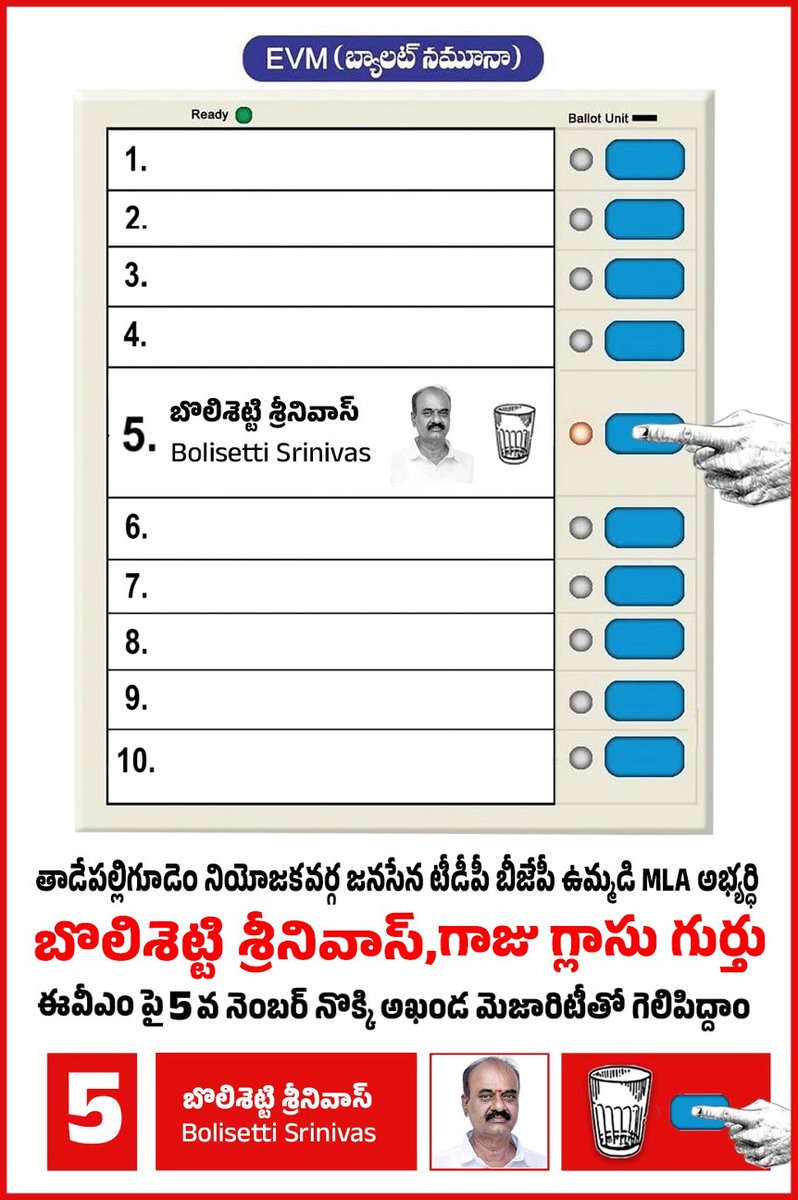 SivaGovindu14's tweet photo. @JanaSenaParty @PawanKalyan నియోజకవర్గం : తాడేపల్లిగూడెం 
అభ్యర్థి : బొలిశెట్టి శ్రీనివాస్ 
బ్యాలెట్ సీరియల్ నెంబర్ : 5

#VoteForGlass #PawanKalyan 

@JanaSenaParty @PawanKalyan https://t.co/4LFc5Wwmlb