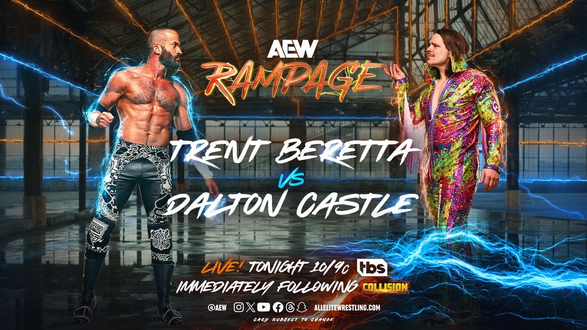 #AEWRampage TONIGHT! @RogersArena LIVE 10pm ET/9pm CT | @tbsnetwork Trent Beretta vs Dalton Castle Coming off of his BRUTAL post match attack on @OrangeCassidy on #AEWDynamite, @trentylocks will face @TheDaltonCastle on a special SATURDAY NIGHT Rampage LIVE TONIGHT on TBS!