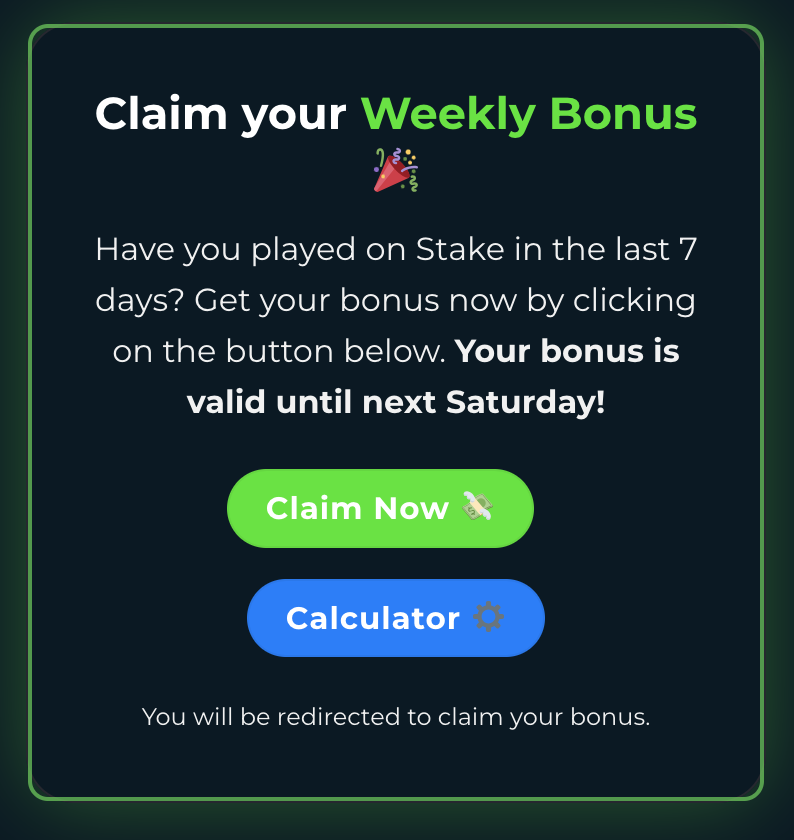 Claim your Weekly bonus : stake-casino-bonus.com/weekly-bonus/