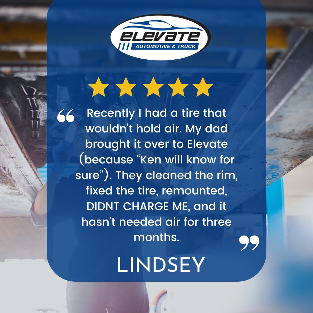 ⭐ Customer Shoutout: Big Thanks to Lindsey from Elevate Auto & Truck! Lindsey's tire fix story is a testament to our dedication to service without surprise costs. It's always a pleasure to solve problems and keep your journey smooth. Thanks for trusting us, Lindsey! #Happy