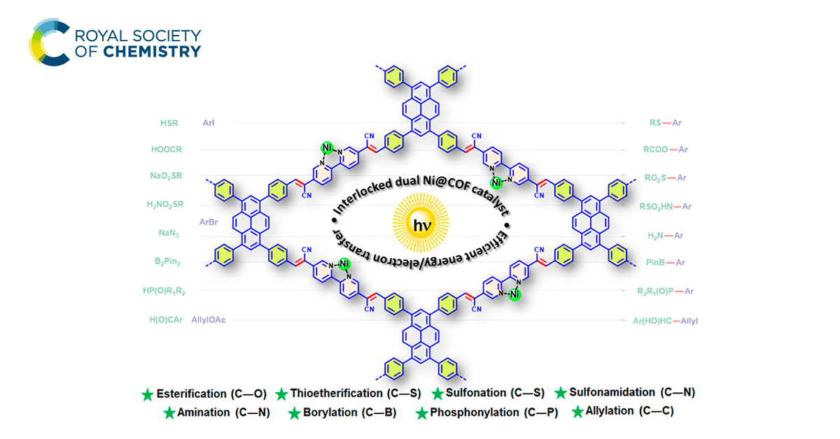 Check out this fascinating paper on COFs titled 'A π-conjugated covalent organic framework enables interlocked nickel/photoredox catalysis for light-harvesting cross-coupling reactions' by @bm_iiserk et al from @iiserkol 🤩 Read here for free💎: pubs.rsc.org/en/content/art…