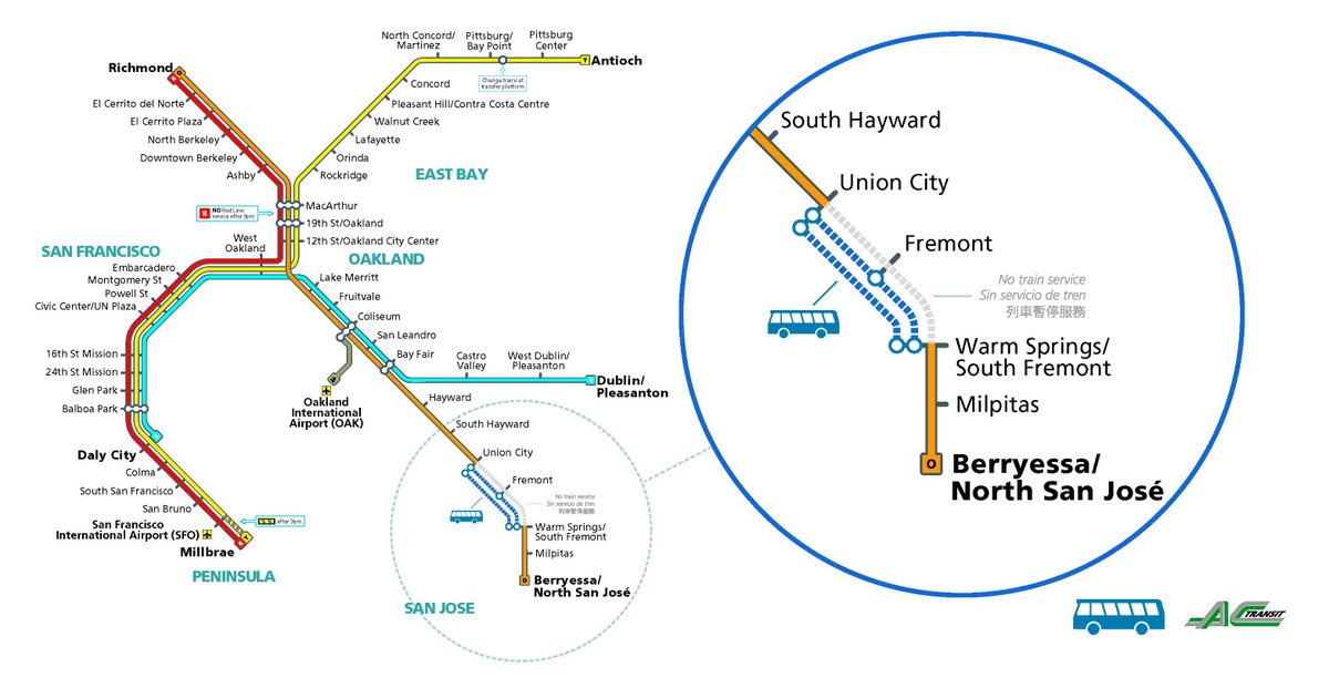 Free buses replace trains between Union City and Warm Springs/South Fremont all day today and tomorrow for track rebuilding work. Delays of 20 to 40 minutes in the work zone. Get more details here: bit.ly/3wgqZAL