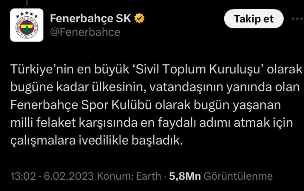 <a href="/Fenerbahce/">Fenerbahçe SK</a> Siz ne yüzsüz utanmaz insanlarsınız. Depremin ilk gününde “Türkiye’nin en büyük sivil toplum kuruluşuyuz” diye tweet atarak reklamınızı yapmadınız mı? Bu konuda konuşacak en son kişi sizsiniz.