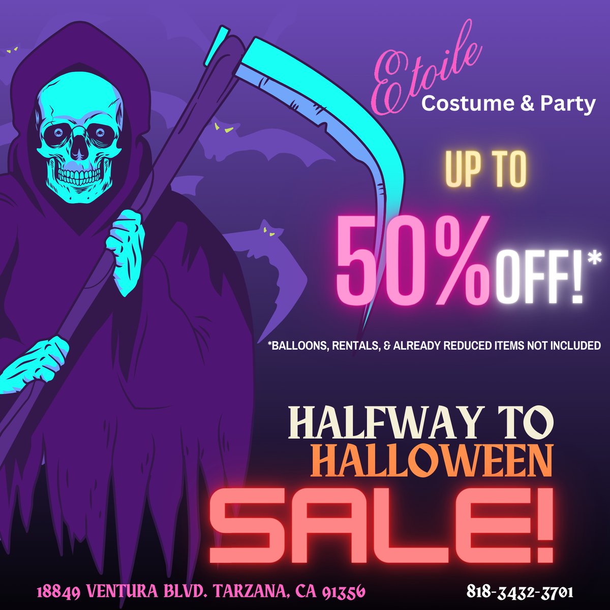 Half-o-ween SALE!! 
Celebrate halfway to Halloween with a store wide sale! 
Take up to 50% off store retail inventory!
Costumes. Accessories. Wigs. Make Up. Gifts. & More!
Sale ends May 10.

#Sale #StoreSale #HalfwayToHalloween #Halloween #HalloweenSale
#Costumes #Accessories ...