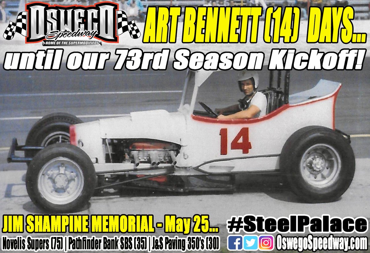 Art Bennett (14) days until our Barlow's Concessions 73rd Season Kickoff headlined by the 75-lap, $4,000 to win Jim Shampine Memorial for @Novelis #Supermodifieds on Saturday, May 25! #SteelPalace