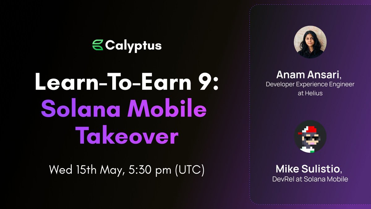 📱Learn-to-Earn 9: Solana Mobile Takeover📱 Join our cohort launch party and learn all-things Solana Mobile with @anamansari062, DevEx Engineer at @heliuslabs, and @MikeSulistio, DevRel at @solanamobile. 🗓️ Wed May 15th, at 5.30pm UTC Set a reminder 👉 x.com/i/spaces/1oyja…