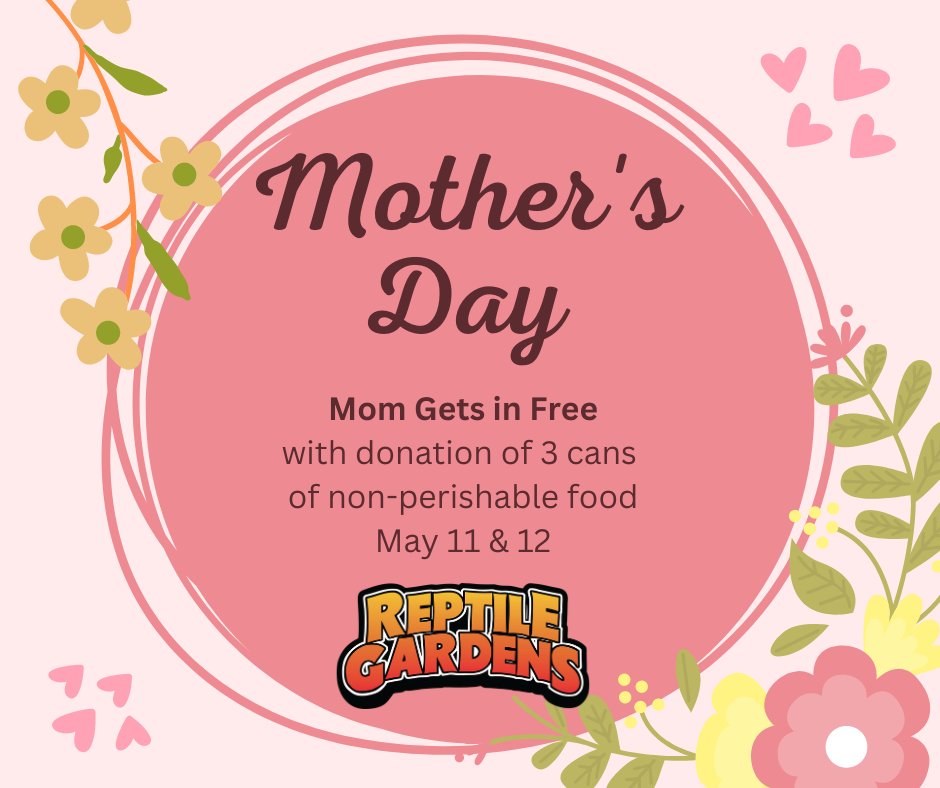 Happy Mother's Day weekend! Don't forget, Mom will receive free admission into Reptile Gardens with a donation of 3 cans of non-perishable food this weekend! 🌸🌸#ReptileGardens #BlackHills #RapidCity #HiFromSD #MothersDay