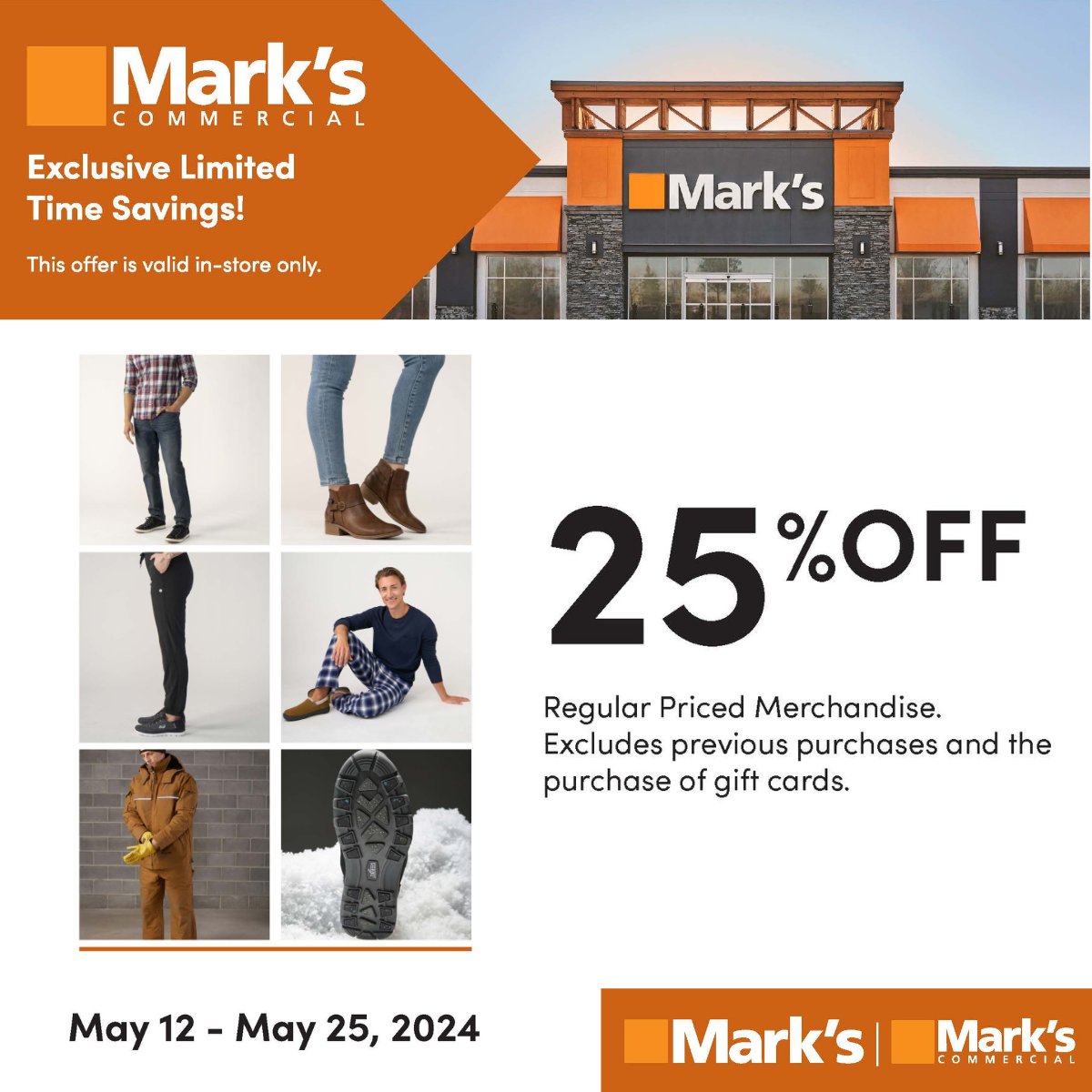 Mark's Commercial is offering #OACETT Members 25% off on regular-priced merchandise from May 12 to May 25, 2024. This offer is valid in-store only. 

Click here to get your discount