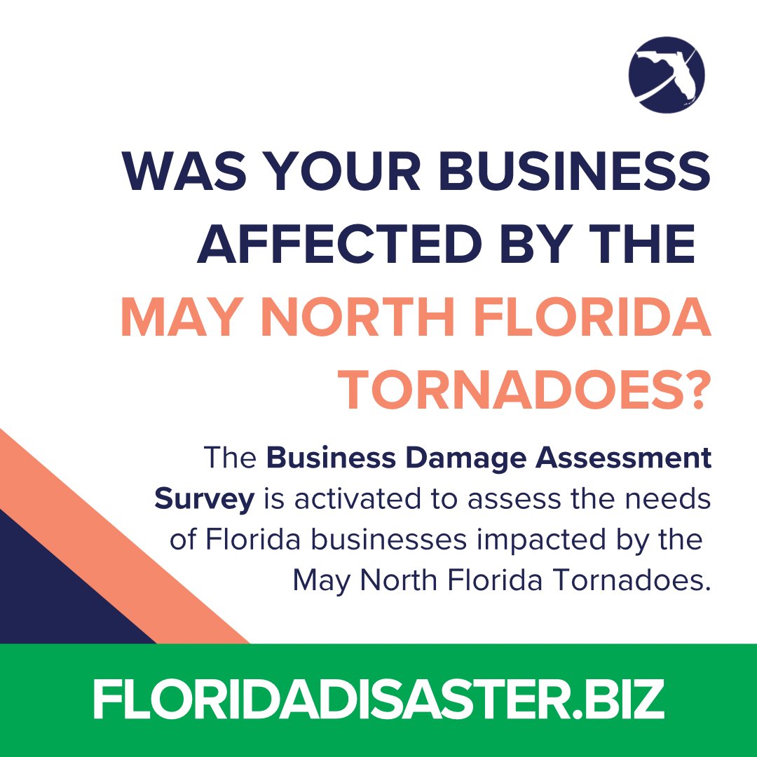 Florida’s Business Damage Assessment Survey is now activated to assess the needs of Florida business owners impacted by the May North Florida Tornadoes. If your business was affected by the storm, please fill out the survey >> bit.ly/3yfYfsi