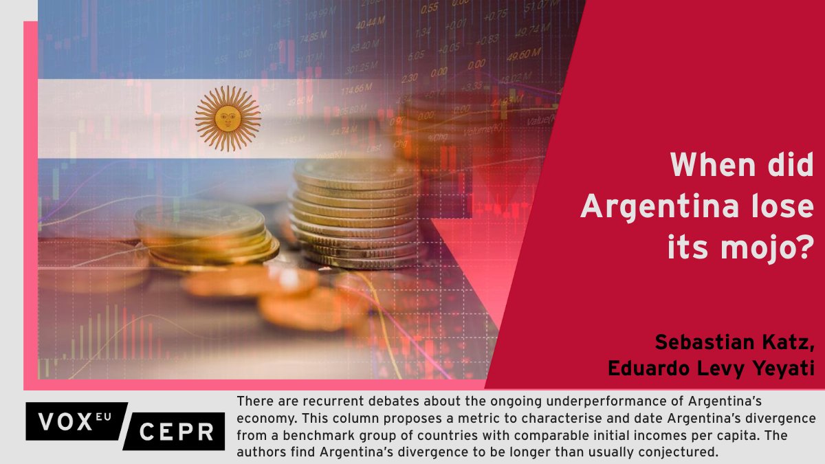 Argentina’s divergence from a benchmark group of countries is longer than usually conjectured, with marked tranches in the first half of the 20th century and the post-WWII period. Sebastian Katz @UBAonline, @eduardoyeyati @UTDT_Gobierno @CEPEDiTella ow.ly/9TPn50RB9KC