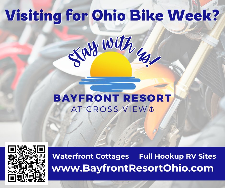 bayfrontresort's tweet photo. Ohio Bike Week is coming SOON... stay with us and be close to the downtown festivities! Book your full hookup RV site or deluxe tiny home cottage now at https://t.co/apHJz0d3qL #SanduskyOh #LakeLife #RVLife #FindtheGoose #OhioBikeWeek https://t.co/y5XpKiwODD