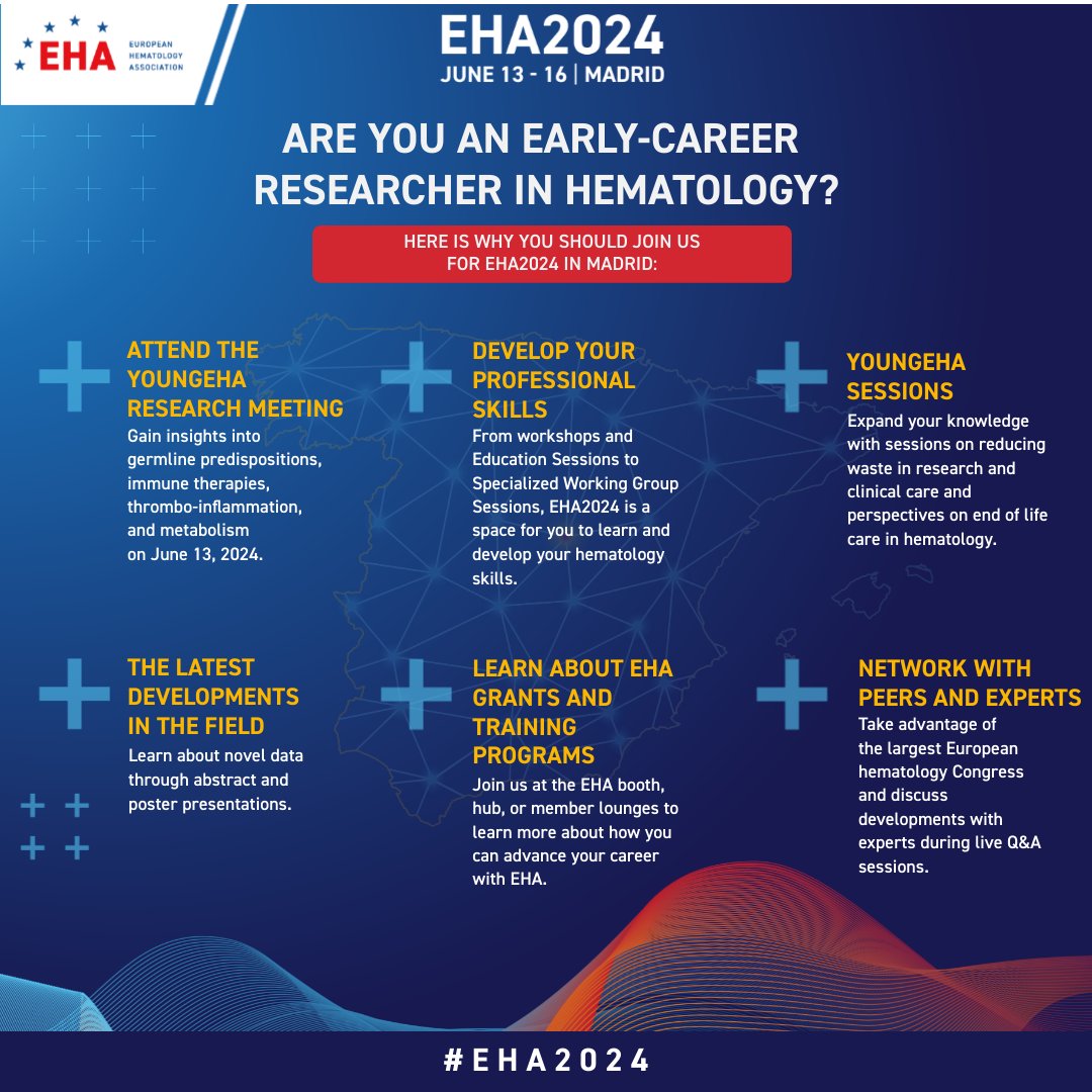 #EHA2024 is an opportunity for researchers to learn, connect, & grow. With a full-day YoungEHA Research Meeting program with talks by early-career professionals & networking sessions, this is your opportunity to connect with our community. Register now: eha.fyi/EHA2024_regist…