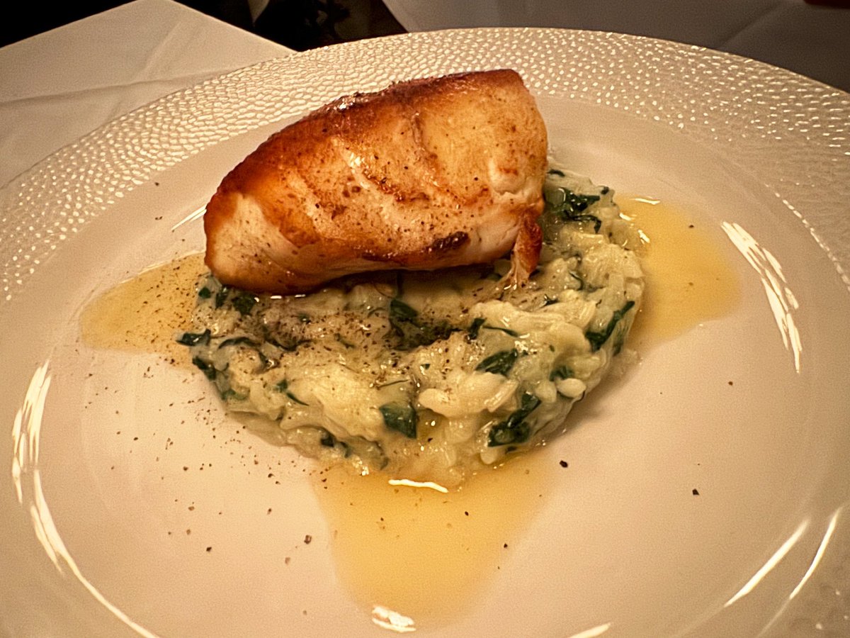 Weekend fish special! Pan-seared wild Atlantic halibut on a bed of spinach risotto with a buttery lemon-white wine sauce. (So good.) Bon appetit! #mannysbistro #mannysbistrony #halibut #fish #atlantichalibut #wildatlantichalibut #risotto #frenchfood #frenchbistro #frenchcuisine