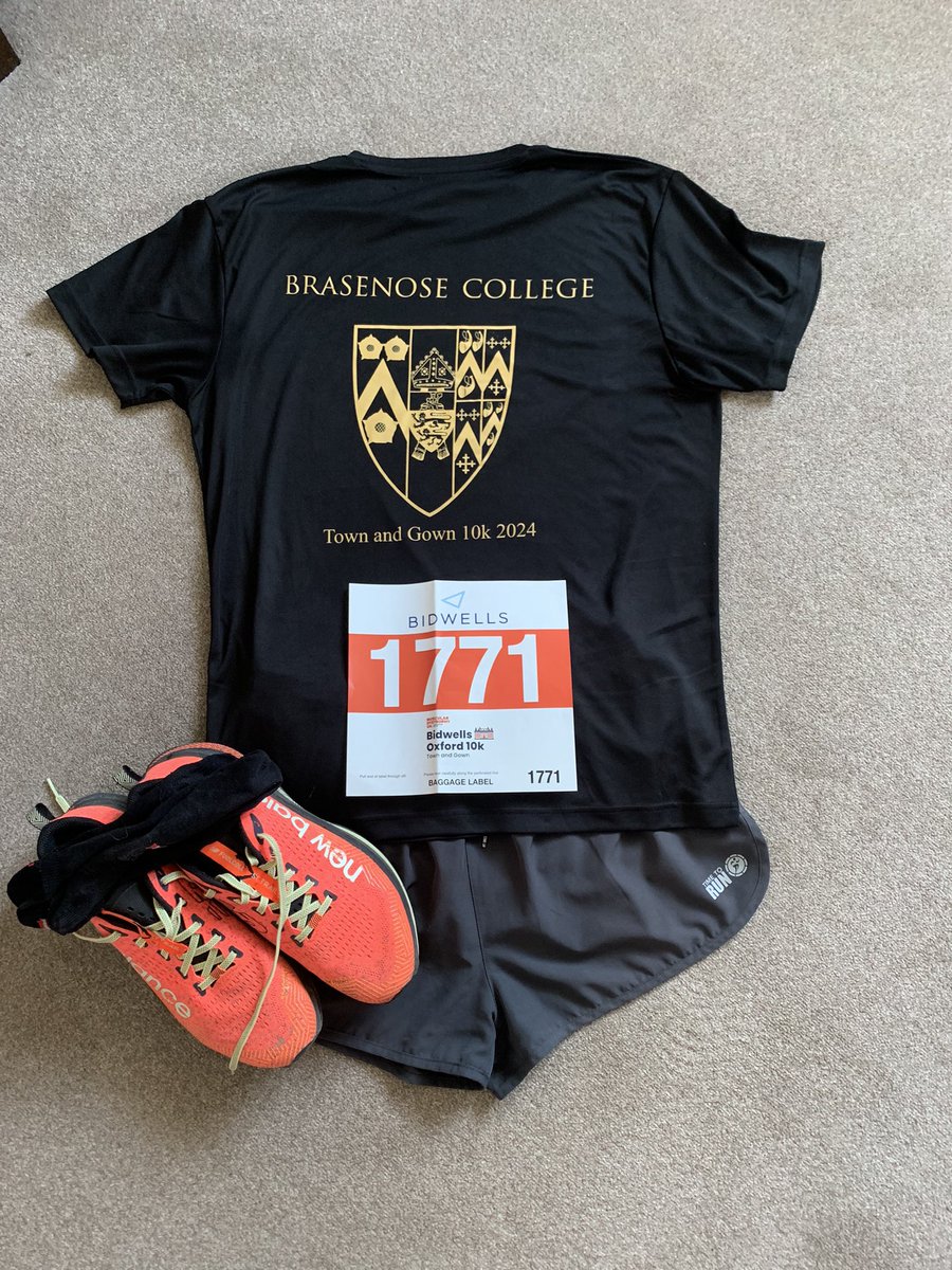 Tomorrow is race day. Kit ready. I’m running the Bidwells Oxford @TownandGown10k race as part of #BrasenoseCollege. There are about 55 of us running in the college team (a mix of students, staff, & fellows) and we are raising funds for the official race charity - @MDUK_News. If