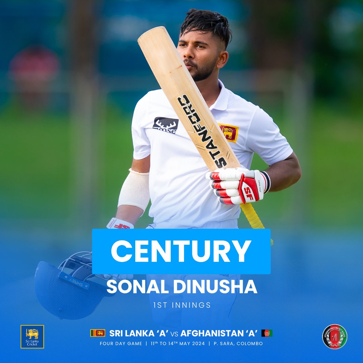 Sonal Dinusha stands unbeaten on a brilliant 126 runs. At Stumps on Day One, Sri Lanka A put up a commanding total of 372/7. #SLvAFG #SLATeam