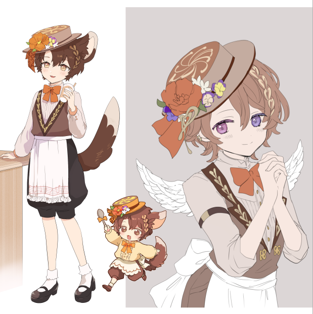 looking at viewer smile short hair brown hair 1boy hat animal ears  illustration images