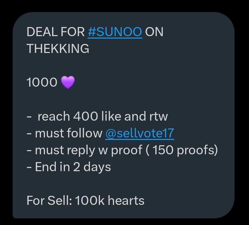 DEAL FOR #SUNOO ON THEKKING

1000 💜

- reach 400 like and rtw
- must follow <a href="/sellvote17/">KPOP VOTE SELL 🇻🇳</a>
- must reply w proof (100 proofs)
- End in 2 days

For Sell: 100k hearts

#ENFuelUp #ENVOOSTERS