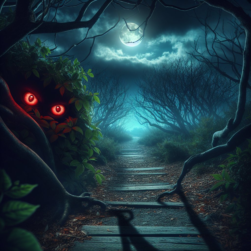 'A dimly lit pathway in a gnarled forest under an ominously dark stormy sky. A pair of vibrant, glowing red eyes peer from the shadowy undergrowth, emitting an eerie aura of fear.'
#AIArt #AI #chatgpt4 #dalle3 #OpenAi #AIFeelings