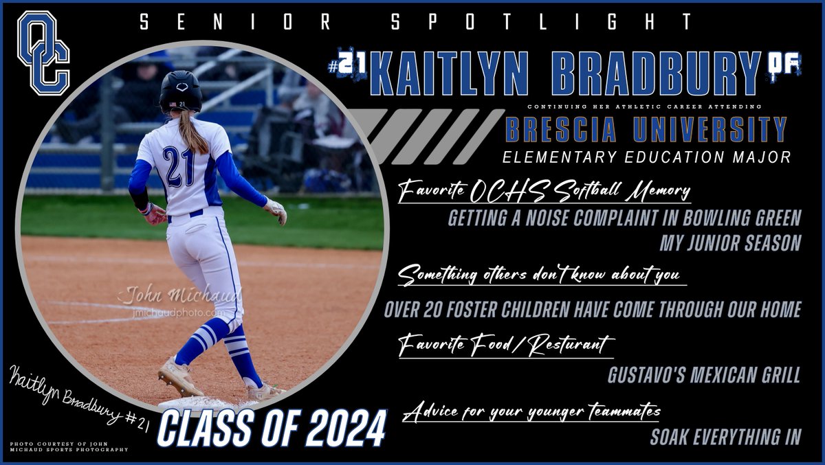 🎓SENIOR SPOTLIGHT ALERT!🎓

#21 @BradburyKaitlyn 💙💙💙
Don’t forget to come support all our Seniors on Senior Night this Tuesday at 5:30p & wear your OC BLUE‼️

💙🥎🔷 #SENIORNIGHT | #WEARBLUE 🔷🥎💙
@OldhamEraSports  @OCColonelNation 
#LadyColonelsSoftball
#WeAreOC
